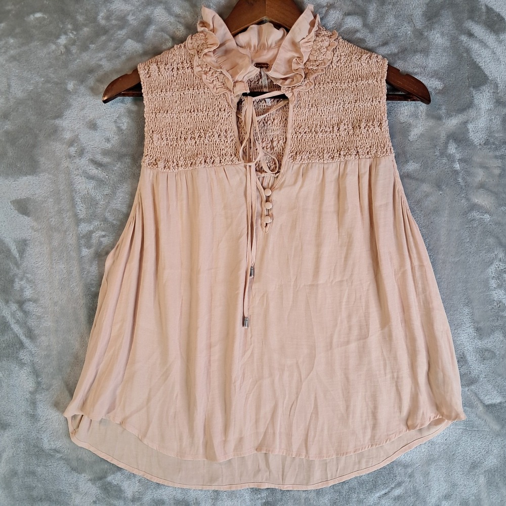 Free People Ruffle Me Up Top M Coral Peach Smocked Sleeveless Tie Front Blouse